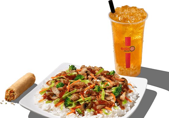 Teriyaki chicken, spring roll and bubble tea
