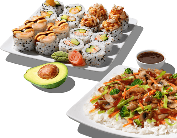 Sushi plate, avocado, teriyaki chicken meal and dipping sauce